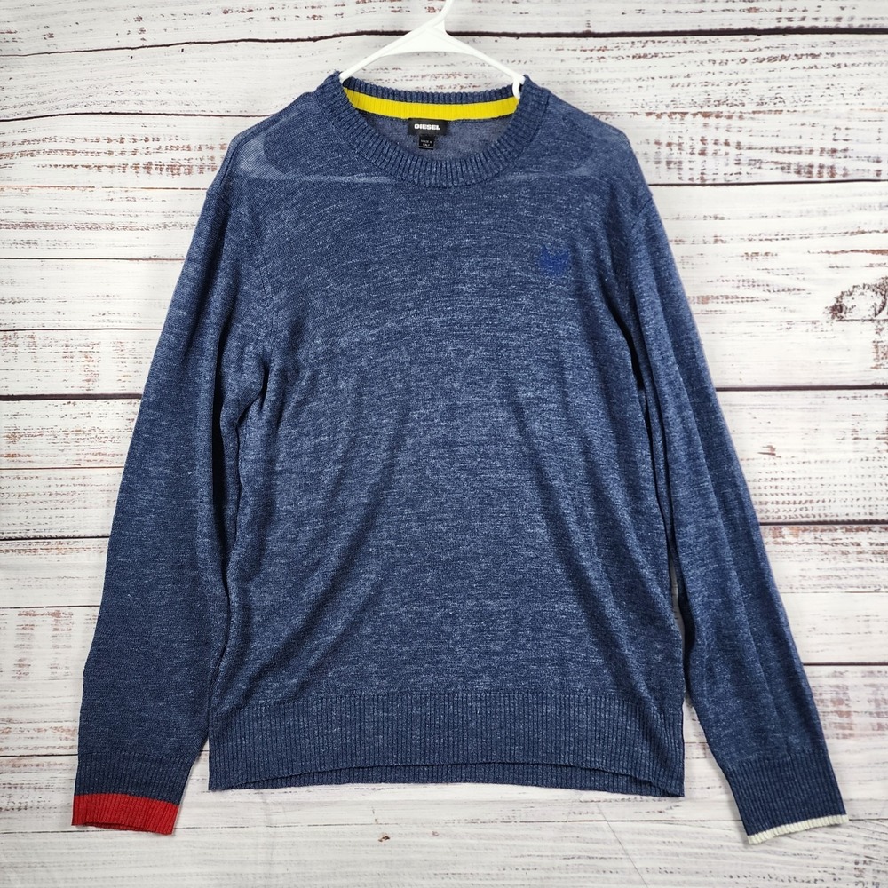 Diesel Jumper Men Large Linen Crew Neck Long‎ Sleeve Sweater Pullover Blue Logo